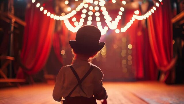 Back view of little boy in suit and hat standing on stage with lights on background