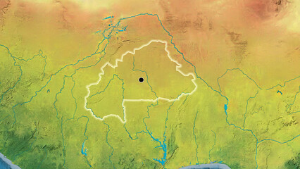 Shape of Burkina Faso. Glowed. Topographic.