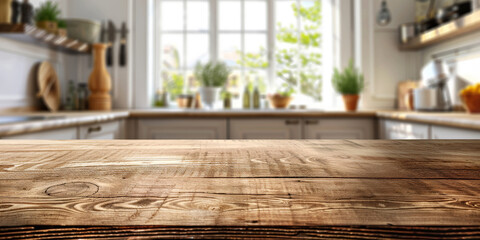 Empty wood table top counter and blur bokeh modern kitchen interior background in clean and bright,Banner, Ready for product montage,  - obrazy, fototapety, plakaty