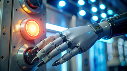 Futuristic Robotic Arm Interacting with Secure Access Control Panel. Red access button - access is denied.
