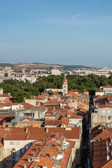 Aerial view of the old town of the beautiful Croatian city Zadar and to the adriatic sea. Church of St. Donatus of Zadar, Stup srama (Pillar of shame), Benedictine Monastery of St. Maria, Croatia