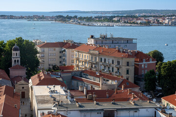 Aerial view of the old town of the beautiful Croatian city Zadar and to the adriatic sea. Church of...