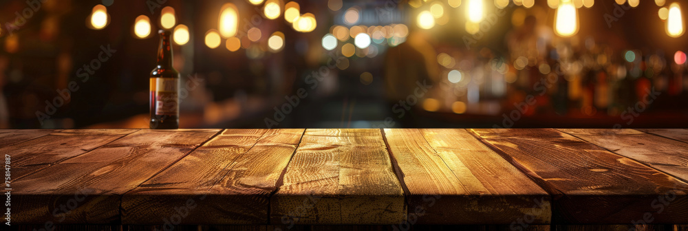 Poster empty wood table top with blurred bar in background, with bokeh lights.for product display montage. 