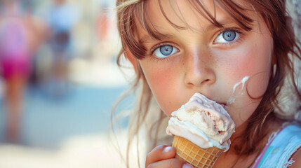 Garota de 8 anos tomando sorvete na rua  - obrazy, fototapety, plakaty