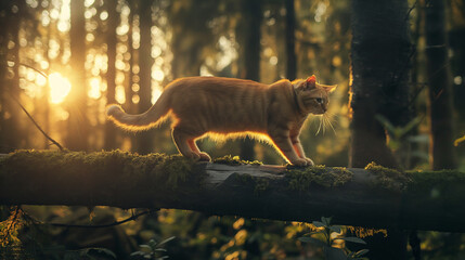 Gato laranja andando sobre um tronco de arvore suspenso na floresta  - obrazy, fototapety, plakaty