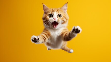 Photo of cute jumping cat oon yellow background - obrazy, fototapety, plakaty