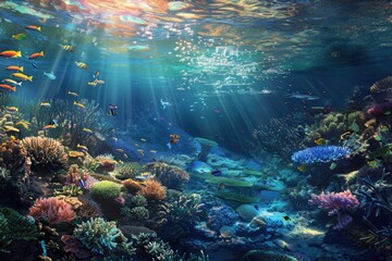 A colorful underwater scene with many fish and coral