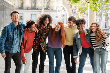Obraz premium Group of young people outdoors together celebrating their successes and friendship. Concept: lifestyle, outdoors