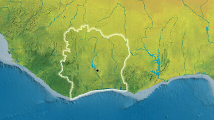Shape of Ivory Coast. Glowed. Topographic.