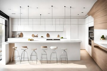 A minimalist kitchen with a seamless white countertop and cabinets, exuding modern elegance.