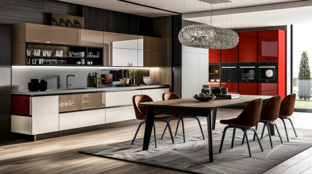 Modern kitchen and dining room interior at home, 3d render
