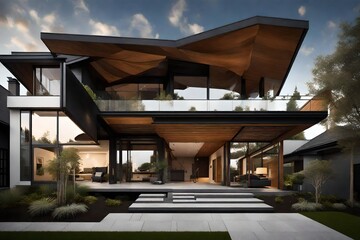 A dramatic entrance with a cantilevered roof and unique landscaping, making a bold statement in modern home design. - obrazy, fototapety, plakaty