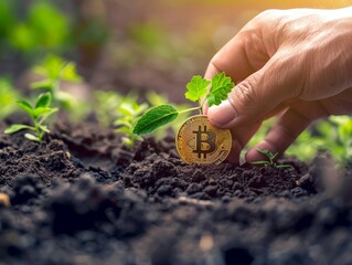 A hand nurturing a plant with Bitcoin leaves close-up on the ascent to peak value