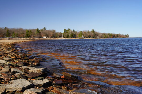 Rocky shoreline on a lake. 