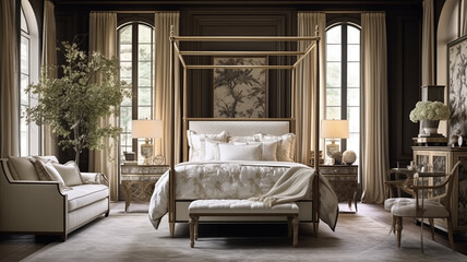  A sumptuous sanctuary bathed in soft hues of ivory and champagne, featuring a decadent canopy bed surrounded by lavish furnishings and sparkling crystal accents, embodying understated luxury. - obrazy, fototapety, plakaty