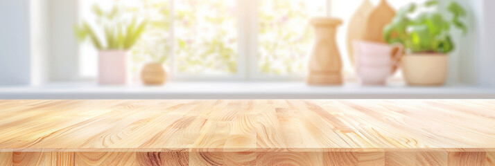 Empty  wood table top counter and blur bokeh modern kitchen interior background in clean and bright,Banner, Ready for product montage. empty wooden table top counter on interior kutchen background - obrazy, fototapety, plakaty