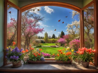 View of the spring garden and the valley through the windows