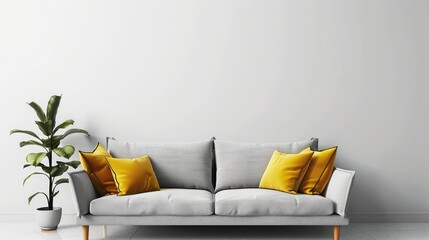 Gray sofa with bright yellow pillows and white walls with copy space. Scandinavian style home interior design - obrazy, fototapety, plakaty