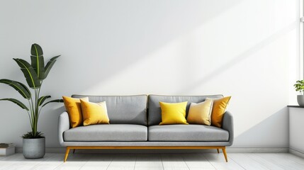 Gray sofa with bright yellow pillows and white walls with copy space. Scandinavian style home interior design