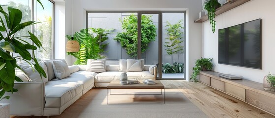 Naklejka premium modern living room in townhouse panorama. 3d rendering.