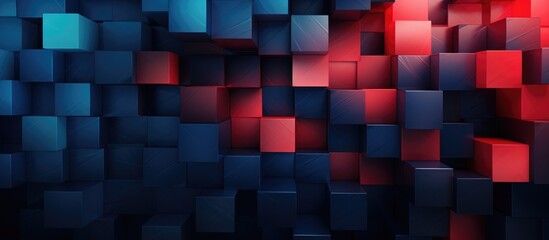 Origami-style geometric background with blurred dark blue and red rectangles.