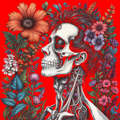 Calavera y Flores - Contraste de Vida y Muerte - Generative AI  - obrazy, fototapety, plakaty