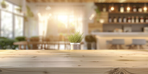 empty wood table top with blurred bar in background, with bokeh lights.for product display montage. Concept for advertising design, layout presentation.banner. empty wooden table on bokeh light
