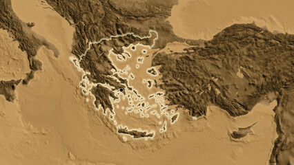 Shape of Greece. Glowed. Sepia elevation.