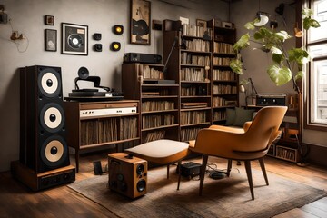 Vintage vinyl listening corner with retro speakers, a turntable, and cozy seating.