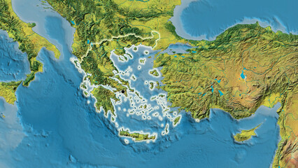 Fototapeta na wymiar Shape of Greece. Glowed. Topographic.