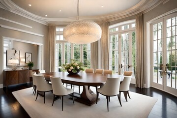 Elegant dining room with a statement chandelier, polished hardwood floors, and French doors.