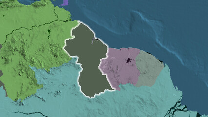 Shape of Guyana. Glowed. Administrative.