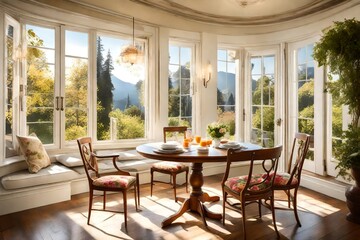 Sunlit breakfast nook with a round table, floral accents, and views of the garden.