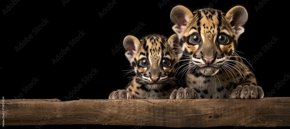 Poster male clouded leopard and cub portrait with empty space for text, object on right side