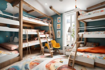 Playful kids' room with bunk beds, vibrant wallpaper, and a dedicated play area. - obrazy, fototapety, plakaty