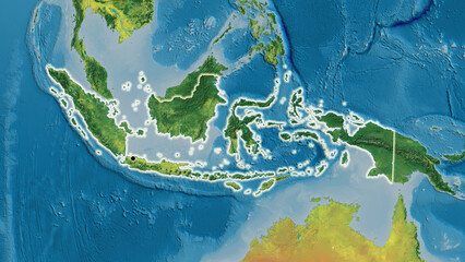 Fototapeta na wymiar Shape of Indonesia. Glowed. Topographic.