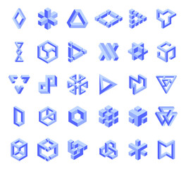 Abstract impossible shapes set isolated on white background. Optical illusion. Vector illustration.