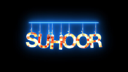 Neon sign with the word suhoor hanging from chains on dark background.