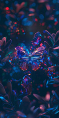 Obraz na płótnie Canvas Iridescent butterfly on vibrant foliage. A stunning, detailed image of an iridescent butterfly alighting on colorful foliage in a mystic night setting