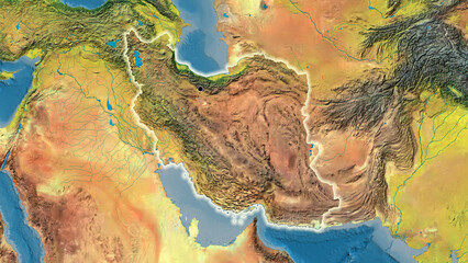 Shape of Iran. Glowed. Topographic. - obrazy, fototapety, plakaty