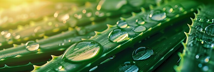 A close up of a green aloe vera plant with water drops on the leaves, displaying beautiful macro photography of this terrestrial houseplant, cosmetic concept, banner - obrazy, fototapety, plakaty