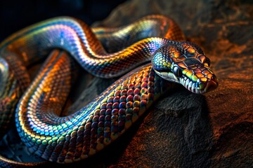 Fototapeta premium A sleek rainbow snake slithers across a smooth, dark stone surface