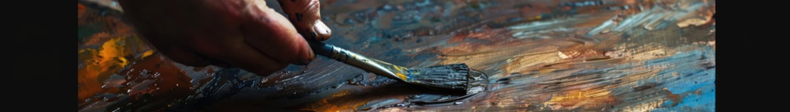 Artist paints a picture with oil paints on canvas. Close-up.