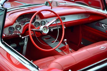 Deurstickers Vintage Car Interior: Luxurious Red Leather Upholstery in Classic Style © Timur