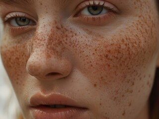 Fototapeta premium Woman's face, captured in close-up, shows her unique freckles that adorn both her skin and her eyes. Generative AI