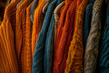 A bunch of sweaters are hanging on a rack - Powered by Adobe
