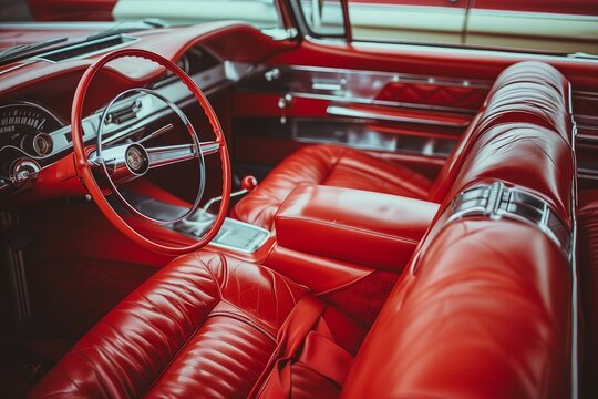 The interior of a classic car with red leather