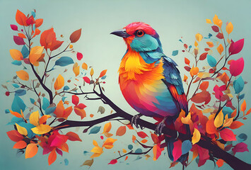  A colorful bird on a colorful branch - obrazy, fototapety, plakaty
