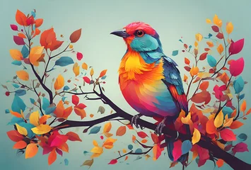 Foto op Canvas  A colorful bird on a colorful branch © Venuja
