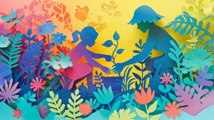 A vibrant papercut of a garden scene with a mother and child planting together, Mother's day background, with copy space